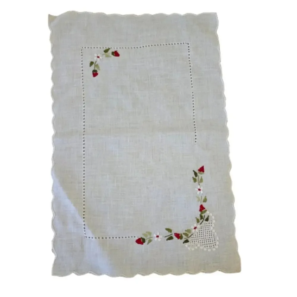 Vintage White Linen Embroidered Doily Placemat Red Flowers Cutwork Lace Edge
